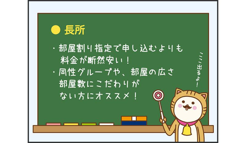 長所 部屋割り指定で申し込むよりも料金が断然安い!同姓グループや部屋の広さ、部屋数にこだわりがない方におすすめ!
