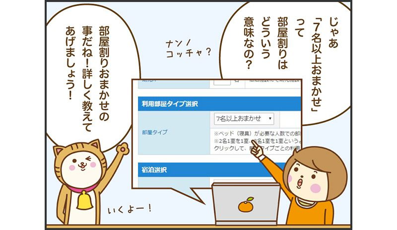 じゃ「7名以上おまかせ」って部屋割りはどういう意味なの?部屋割りおまかせのことだね!詳しく教えてあげましょう!