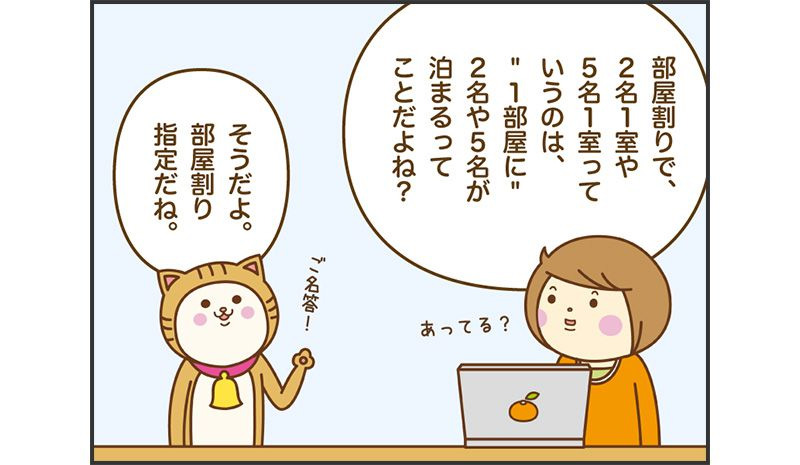 部屋割りで2名1室や5名1室っていうのは「1部屋」に2名や5名が泊まるっていうことだよね?そうだよ。部屋割り指定だね。